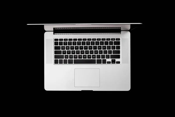 Offener Laptop Auf Schwarzem Hintergrund Isoliert Draufsicht — Stockfoto