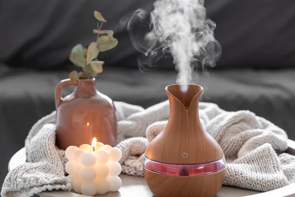 Spa Composition Aroma Oil Diffuser Lamp Candle Blurred Background Interior — Stock Photo, Image