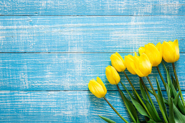 Весенний фон с желтыми тюльпанами на синем деревянном фоне, вид сверху, пространство для копирования.
