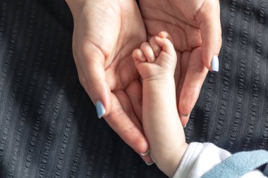 Yeni doğmuş bir bebeğin sapı bir büyükannenin elinde, yakın plan, yaşlı bir kadının elinde bir bebeğin eli..
