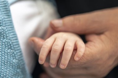 Yeni doğmuş bir bebeğin sapı bir büyükannenin elinde, yakın plan, yaşlı bir kadının elinde bir bebeğin eli..