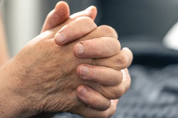 stock image The hands of an elderly woman folded for prayer at home on the bed.