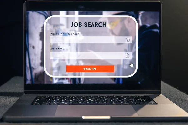 Job search in computer application, unemployed man looking for new vacancies on website page on laptop screen.