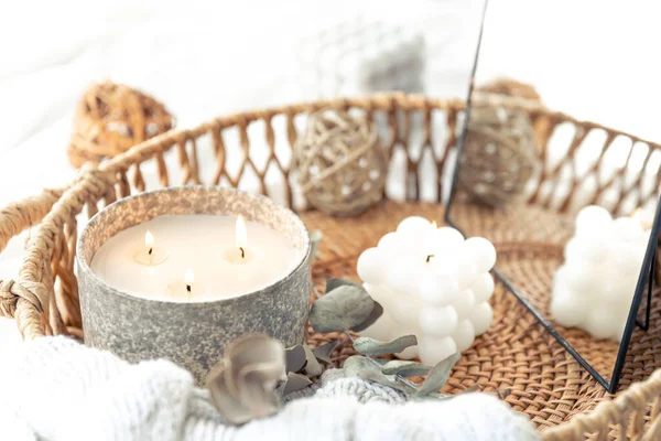 Spa Composition Candles Towels Blurred Background — Stock Fotó