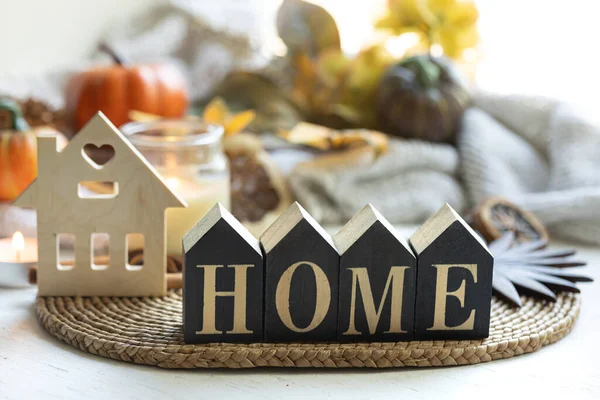 Composition Wooden Word Home Background Autumn Decor Details — Stock Photo, Image
