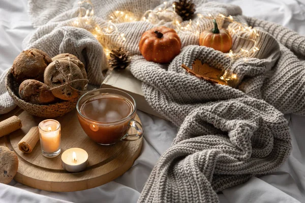 Autumn Cozy Composition Cup Coffee Biscuits Candles Bed Knitted Element — Stock Photo, Image