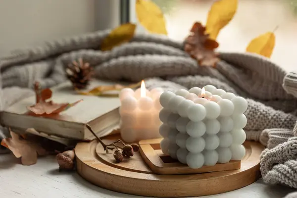 Autumn Composition Candles Leaves Knitted Element Blurred Background Copy Space — Stock Photo, Image