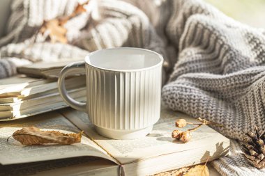 Kalıplı sonbahar kompozisyonu, kuru yapraklar ve pencere kenarında kitaplar.