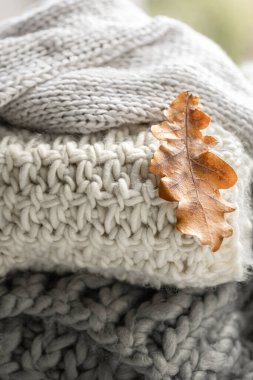 Arka planda sonbahar yaprakları olan örülmüş süveter yığınının yakın çekimi.