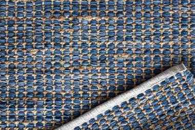 El dokuması geometrik kot kumaşı, jüt örgülü ev sarmalı arka plan deseni.