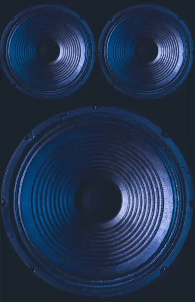 Close-up of speakers membrane on black background with colored lighting. Frontal image audio speaker with undulating membrane.