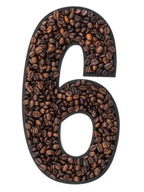 İzole edilmiş beyaz arka planda kavrulmuş kahve çekirdeklerinden yapılmış 6 numara. Kafein yazı tipi.