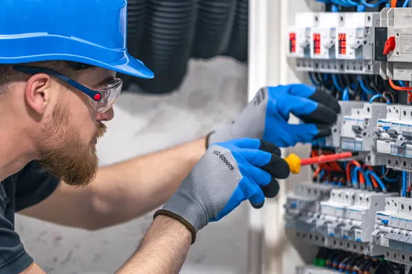 Bir erkek elektrikçi elektrik kablosuyla santralde çalışıyor..
