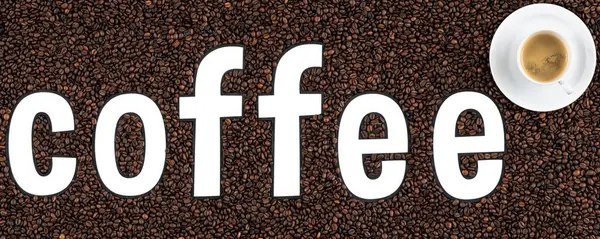 Mockup of coffee beans in form of the word COFFEE and cup of espresso, isolated on white background for coffee shop.
