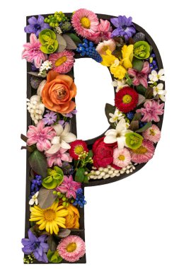 P harfi gerçek doğal çiçeklerden ve beyaz arkaplandaki yapraklardan oluşmuş. Flower font konsepti. Eşsiz harf ve sayı koleksiyonu. Bahar ve yaz yaratıcı fikir.