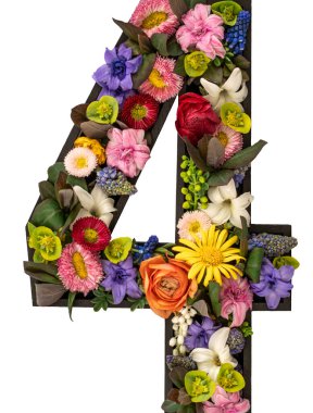 Gerçek doğal çiçeklerden ve beyaz arka plandaki yapraklardan oluşan 4 numara izole edilmiş. Flower font konsepti. Eşsiz harf ve sayı koleksiyonu. Bahar ve yaz yaratıcı fikir.