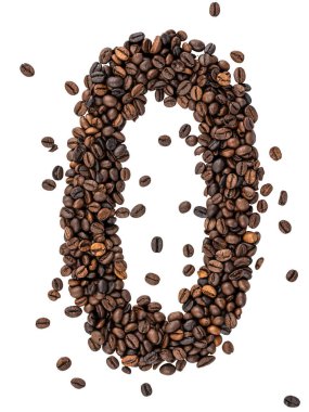 Beyaz arka plana saçılmış kahve çekirdeklerinden yapılan sıfır numara. Üst Manzara. Kafein yazı tipi.