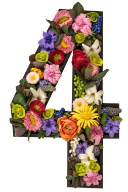 Gerçek doğal çiçeklerden ve şeffaf arkaplanda yapraklardan oluşan 4 numara. Flower font konsepti. Eşsiz harf ve sayı koleksiyonu. Bahar ve yaz yaratıcı fikir.