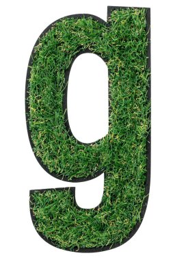 Çimen harfi G, alfabe 3 boyutlu tasarım izole, şeffaf arkaplan. Sembol eko doğa ortamı, gezegeni kurtarın. Gerçekçi çayır.