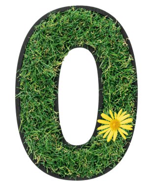 O harfi yeşil ottan yapılmıştır. Sarı çiçekler şeffaf bir arkaplanda izole edilmiştir. Tasarımın için yazı tipi. Eko kavramı.