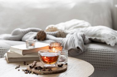 Bir fincan çay, kitaplar ve şamdandaki mumla dolu bir hayat. Ev konforu. Boşluğu kopyala.