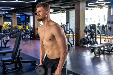 Sporcu salıncakta dambıllarla triseps sallıyor. Sağlıklı spor yaşam tarzı. Yüksek kalite fotoğraf