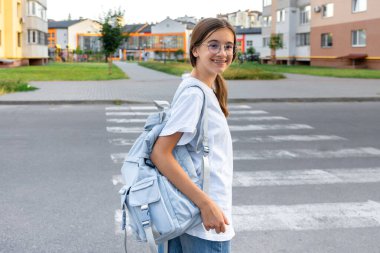 Bir kız öğrenci yaya geçidinin yanında duruyor. Okulun arka planındaki öğrenci. Güzel gülüşlü gözlüklü liseli kız. Yakın plan. - Evet. Yüksek kalite fotoğraf