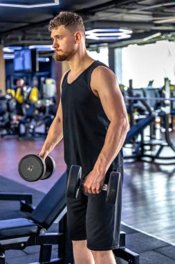 Sporcu salıncakta dambıllarla triseps sallıyor. Sağlıklı spor yaşam tarzı. Yüksek kalite fotoğraf