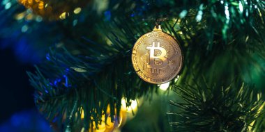 Bokeh ışıkları olan bir Noel ağacında Bitcoin para. Finans konsepti. Noel ağacına yakın plan Bitcoin. Yüksek kalite fotoğraf