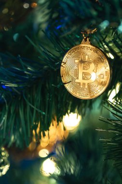 Bokeh ışıkları olan bir Noel ağacında Bitcoin para. Finans konsepti. Noel ağacına yakın plan Bitcoin. Yüksek kalite fotoğraf