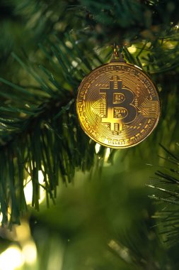 Bokeh ışıkları olan bir Noel ağacında Bitcoin para. Finans konsepti. Noel ağacına yakın plan Bitcoin. Yüksek kalite fotoğraf