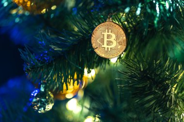 Bokeh ışıkları olan bir Noel ağacında Bitcoin para. Finans konsepti. Noel ağacına yakın plan Bitcoin. Yüksek kalite fotoğraf