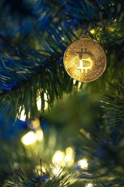 Bokeh ışıkları olan bir Noel ağacında Bitcoin para. Finans konsepti. Noel ağacına yakın plan Bitcoin. Yüksek kalite fotoğraf