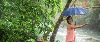 Yağmurda şemsiyesi olan genç bir kadın. Yağmurlu bir gün. Yüksek kalite fotoğraf. Mesaj için yer var. Güzel bir kadın yağmur altında.