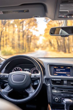 Direksiyon simidi yakın çekim. Araba direksiyonu ve iç mekan. Yüksek kalite fotoğraf. Yolculuk. Yerel seyahat konsepti. Maceraya susamışım. İçeriden araba görüntüsü.