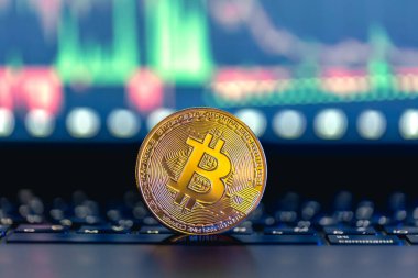 Altın Bitcoin para klavyede ve güzel bir arka planı var. Borsa ticaret şeması arkaplanı kripto para platformunda online şamdan. Kripto para birimi konsepti.