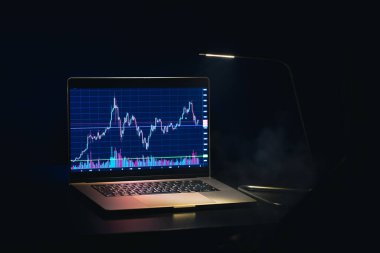 Hisse senedi. Borsa. İş grafiği. Ticaret yatırımı. Komisyoncu. Borsa piyasası. Yüksek kalite fotoğraf. Siyah arkaplanda dizüstü bilgisayardaki yatırımların ticareti.