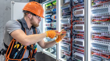 Elektrik panelinde çalışan erkek elektrikçi. Üniformalı erkek elektrikçi. Yüksek kalite fotoğraf. Kasklı ve güvenlik gözlüklü erkek inşaat işçisi..