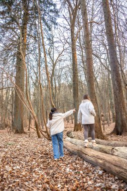 Ormanda yürüyüş yapan iki bayan arkadaş. Ormanda yürüyen arkadaşlar. Doğadaki insanlar. Yüksek kalite fotoğraf. Ormanda bir yürüyüş. Doğada rahatlama.