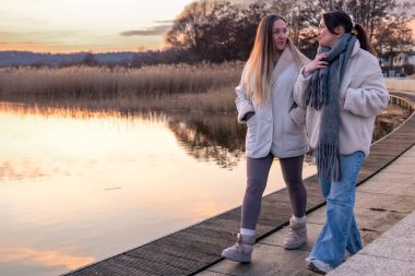 Gezinti güvertesi boyunca yürü. Deniz kenarında bir yürüyüş. Doğada yürümek. Gün batımı. Yüksek kalite fotoğraf. Sur boyunca yürüyen iki kadın. Soğuk hava. Boşluğu kopyala.