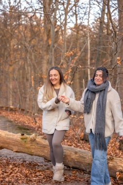 Ormanda yürüyen iki kadın. Orman. Doğa. Açık hava eğlencesi. Yüksek kalite fotoğraf. Ormanda bir patika boyunca yürüyen iki kadın. Soğuk hava.