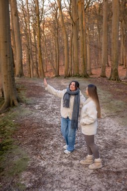 Ormanda yürüyen iki kadın. Orman. Doğa. Açık hava eğlencesi. Yüksek kalite fotoğraf. Ormanda bir patika boyunca yürüyen iki kadın. Soğuk hava. Metin için boşluk.