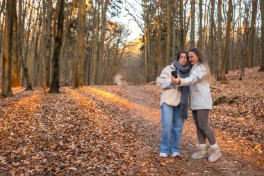 Ormanda telefonlarıyla selfie çeken iki arkadaş. Doğadaki arkadaşlar. Yüksek kalite fotoğraf. İlkbahar, sonbahar mevsimi. Ormanda bir yürüyüş, doğada..