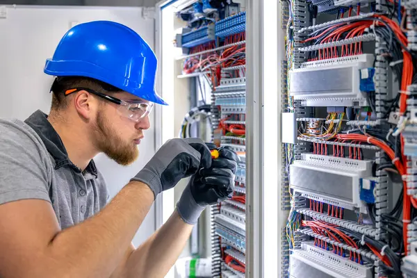 Santralde çalışan üniformalı bir erkek elektrikçi. Elektrik var. Yüksek kalite fotoğraf. Sert şapkalı erkek elektrikçi. Erkek bir elektrikçi elektrikle ilgili bir sorunu çözer.
