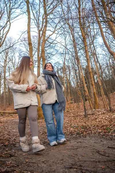 Ormanda yürüyen iki kadın. Orman. Doğa. Açık hava eğlencesi. Yüksek kalite fotoğraf. Ormanda bir patika boyunca yürüyen iki kadın. Soğuk hava.