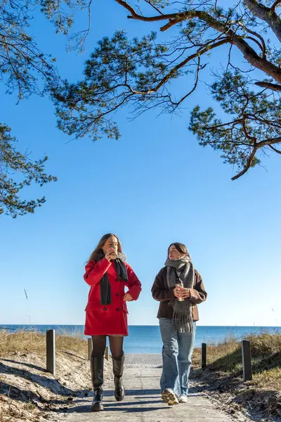 Deniz kıyısındaki termostan sıcak kahve içen iki kadın. Doğa. Deniz. Rıhtım. Yüksek kalite fotoğraf. Soğuk hava, bahar, sonbahar. Metin için boşluk.