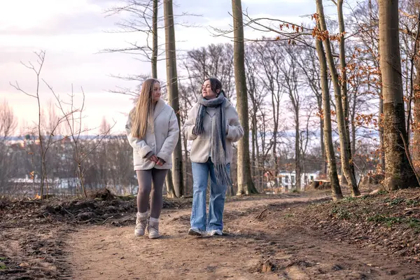 Ormanda yürüyen iki kadın. Orman. Doğa. Açık hava eğlencesi. Yüksek kalite fotoğraf. Ormanda bir patika boyunca yürüyen iki kadın. Soğuk hava.