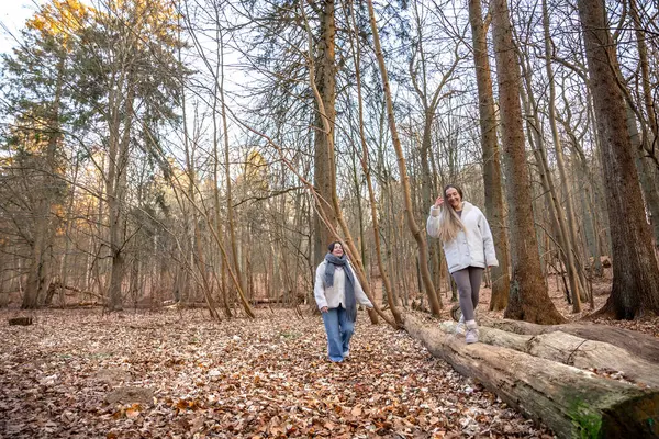 Ormanda yürüyüş yapan iki bayan arkadaş. Ormanda yürüyen arkadaşlar. Doğadaki insanlar. Yüksek kalite fotoğraf. Ormanda bir yürüyüş. Doğada rahatlama.