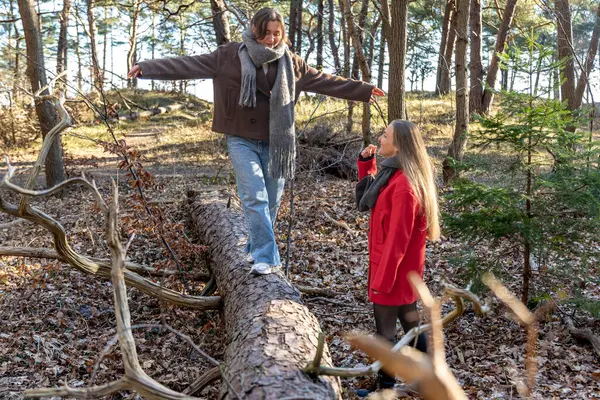 Ormanda yürüyen iki kadın. Orman. Doğa. Açık hava eğlencesi. Yüksek kalite fotoğraf. Soğuk hava. Doğa gezisi. Düşen ağaç gövdesinden geçen bir kadın..