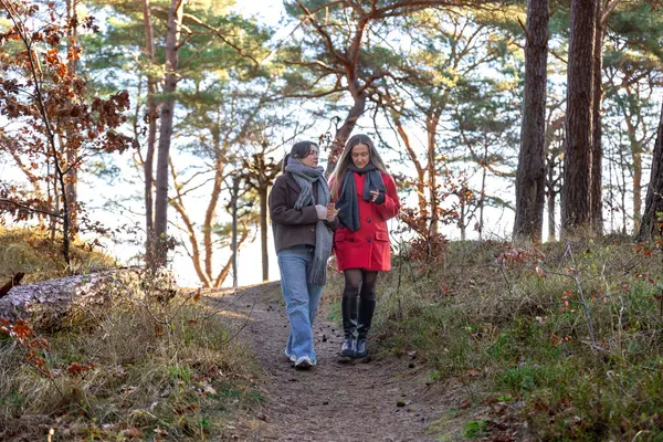 Ormanda yürüyen iki kadın. Orman. Doğa. Açık hava eğlencesi. Yüksek kalite fotoğraf. Ormanda bir patika boyunca yürüyen iki kadın. Soğuk hava.